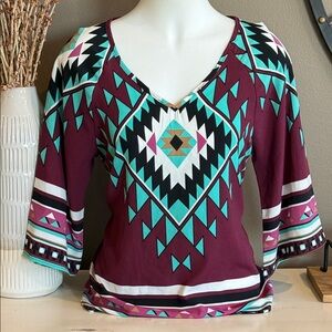 PRONTO Burgundy Turquoise Tribal Geometric Patterned V-Neck Top Size Medium